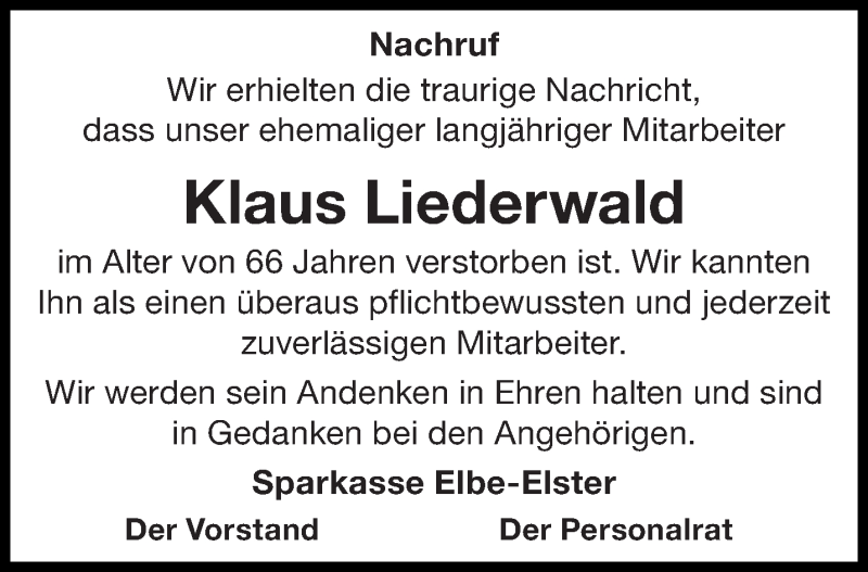  Traueranzeige für Klaus Liederwald vom 16.03.2017 aus lausitzer_rundschau
