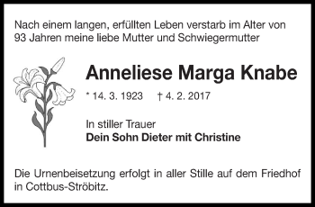 Traueranzeige von Anneliese Knabe von lausitzer_rundschau