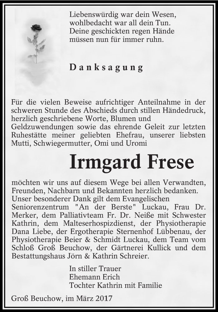  Traueranzeige für Irmgard Frese vom 11.03.2017 aus lausitzer_rundschau