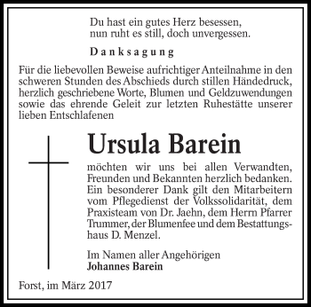 Traueranzeige von Ursula Barein von lausitzer_rundschau