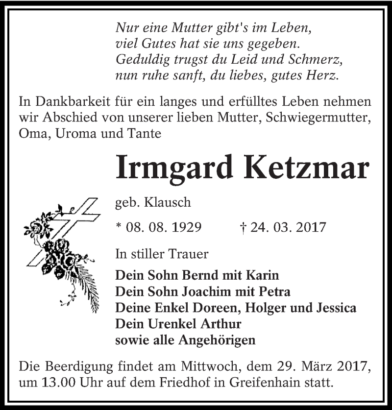  Traueranzeige für Irmgard Ketzmar vom 27.03.2017 aus lausitzer_rundschau