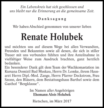 Traueranzeige von Renate Holubek von lausitzer_rundschau