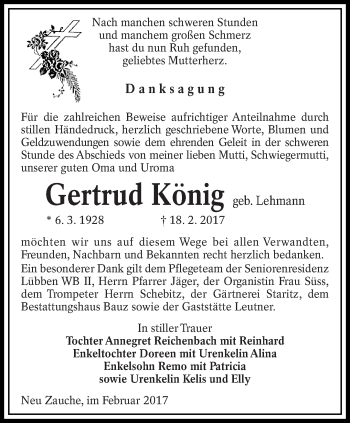 Traueranzeige von Gertrud König von lausitzer_rundschau