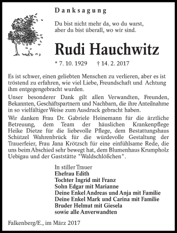 Traueranzeige von Rudi Hauchwitz von lausitzer_rundschau