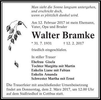 Traueranzeige von Walter Bramke von lausitzer_rundschau