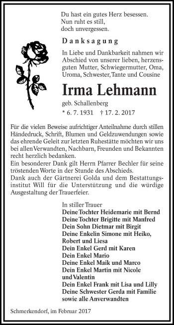 Traueranzeige von Irma Lehmann von lausitzer_rundschau