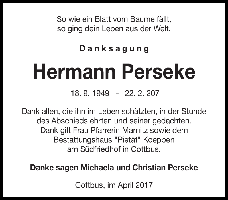  Traueranzeige für Hermann Perseke vom 29.04.2017 aus lausitzer_rundschau