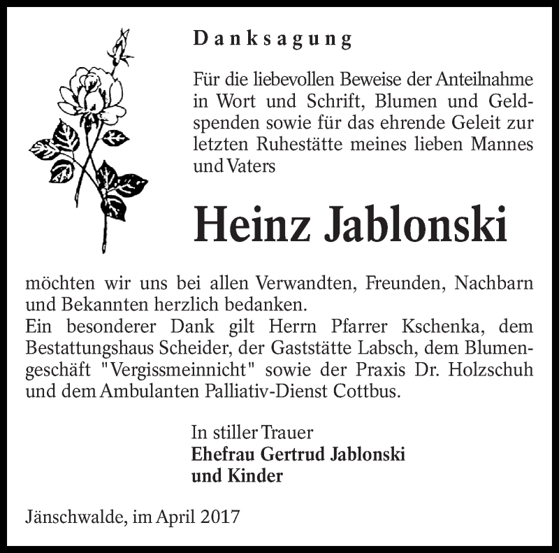  Traueranzeige für Heinz Jablonski vom 15.04.2017 aus lausitzer_rundschau