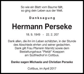 Traueranzeige von Hermann Perseke von lausitzer_rundschau