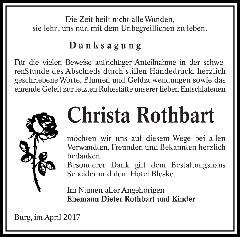  Traueranzeige für Christa Rothbart vom 01.04.2017 aus lausitzer_rundschau