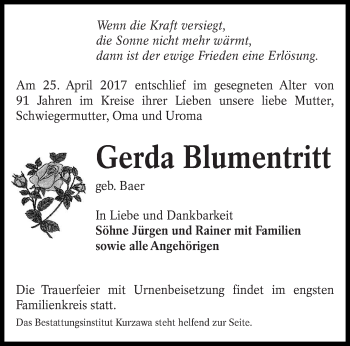 Traueranzeige von Gerda Blumentritt von lausitzer_rundschau