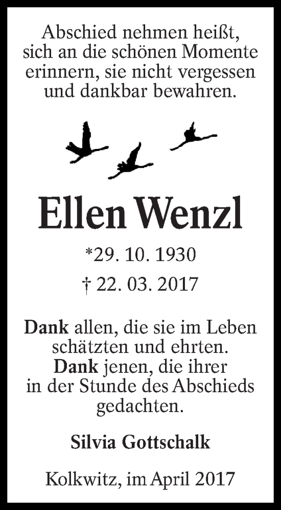  Traueranzeige für Ellen Wenzl vom 15.04.2017 aus lausitzer_rundschau