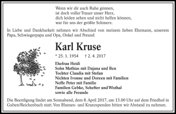 Traueranzeige von Karl Kruse von lausitzer_rundschau
