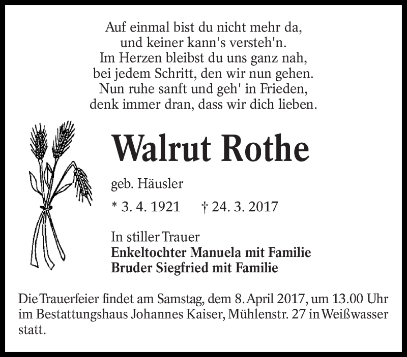  Traueranzeige für Walrut Rothe vom 05.04.2017 aus lausitzer_rundschau