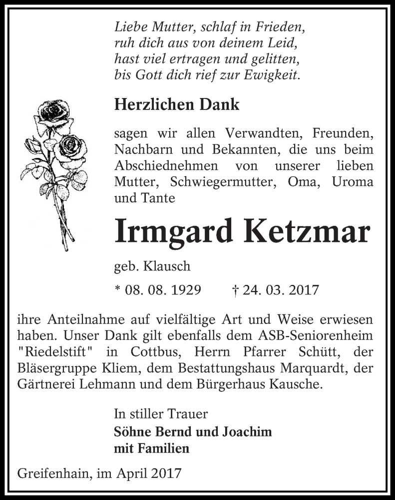  Traueranzeige für Irmgard Ketzmar vom 08.04.2017 aus lausitzer_rundschau