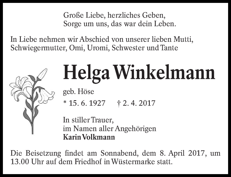  Traueranzeige für Helga Winkelmann vom 05.04.2017 aus lausitzer_rundschau