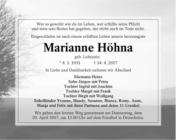 Traueranzeige von Marianne Höhna von lausitzer_rundschau