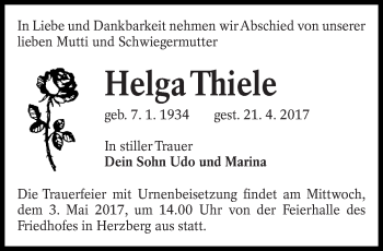 Traueranzeige von Helga Thiele von lausitzer_rundschau