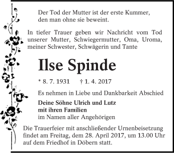 Traueranzeige von Ilse Spinde von lausitzer_rundschau