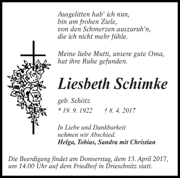 Traueranzeige von Liesbeth Schimke von lausitzer_rundschau