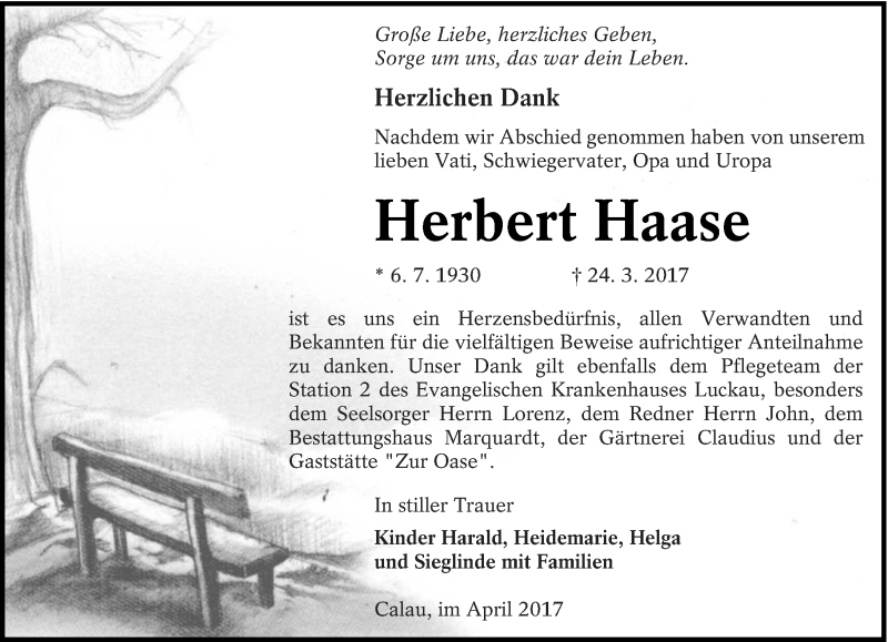  Traueranzeige für Herbert Haase vom 29.04.2017 aus lausitzer_rundschau