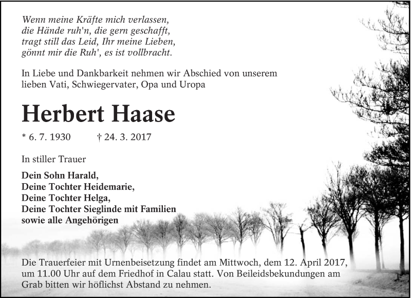  Traueranzeige für Herbert Haase vom 01.04.2017 aus lausitzer_rundschau