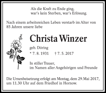 Traueranzeige von Christa Winzer von lausitzer_rundschau