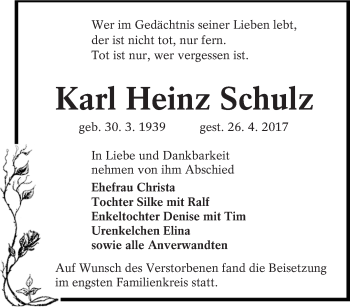 Traueranzeige von Karl Heinz Schulz von lausitzer_rundschau