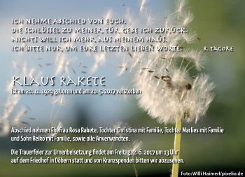 Traueranzeige von Klaus Rakete von lausitzer_rundschau