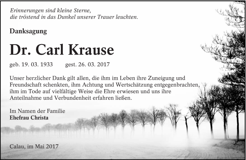  Traueranzeige für Carl Krause vom 06.05.2017 aus lausitzer_rundschau