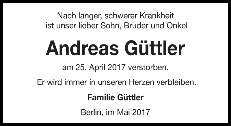  Traueranzeige für Andreas Güttler vom 20.05.2017 aus lausitzer_rundschau