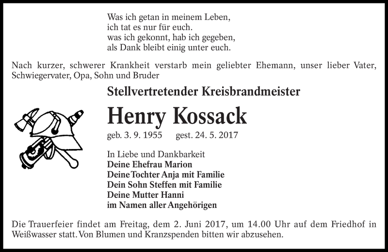  Traueranzeige für Henry Kossack vom 27.05.2017 aus lausitzer_rundschau