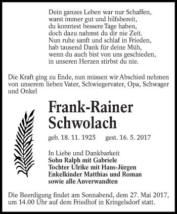 Traueranzeige von Frank-Rainer Schwolach von lausitzer_rundschau