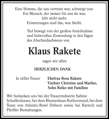 Traueranzeige von Klaus Rakete von lausitzer_rundschau