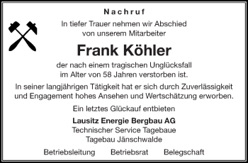 Traueranzeige von Frank Köhler von lausitzer_rundschau