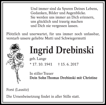 Traueranzeige von Ingrid Drebinski von lausitzer_rundschau