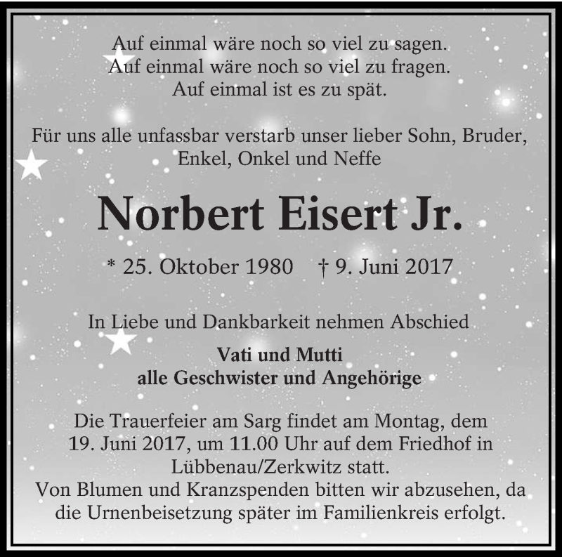 Traueranzeige für Norbert Eisert vom 16.06.2017 aus lausitzer_rundschau