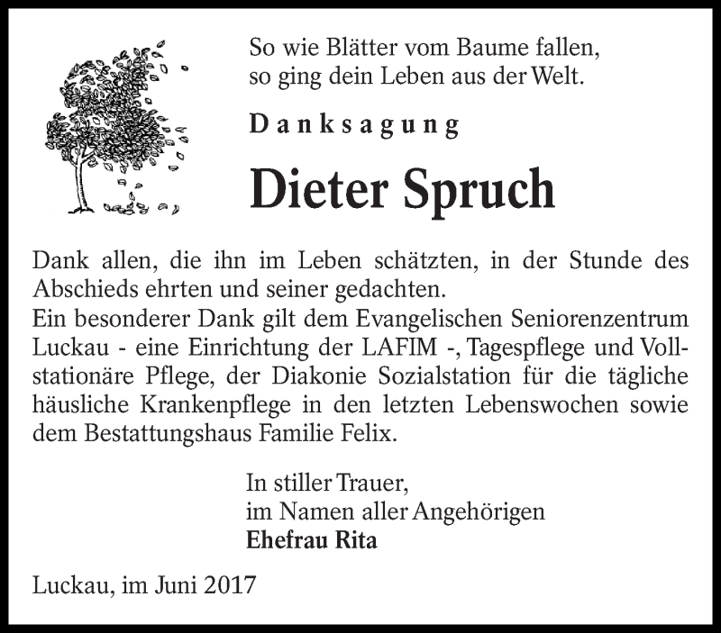 Traueranzeigen Von Dieter Spruch Lr Online Trauer De
