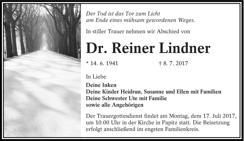  Traueranzeige für Reiner Lindner vom 13.07.2017 aus lausitzer_rundschau