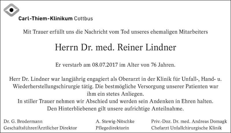  Traueranzeige für Reiner Lindner vom 15.07.2017 aus lausitzer_rundschau