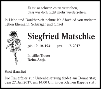 Traueranzeige von Siegfried Matschke von lausitzer_rundschau