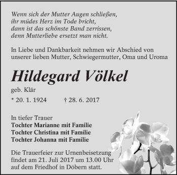 Traueranzeige von Hildegard Völkel von lausitzer_rundschau