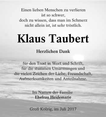Traueranzeige von Klaus Taubert von lausitzer_rundschau