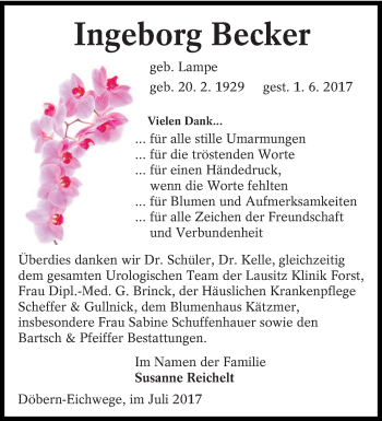 Traueranzeige von Ingeborg Becker von lausitzer_rundschau