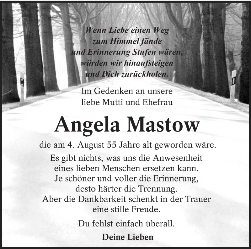  Traueranzeige für Angela Mastow vom 04.08.2017 aus lausitzer_rundschau
