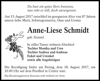 Traueranzeige von Anne-Liese Schmidt von lausitzer_rundschau