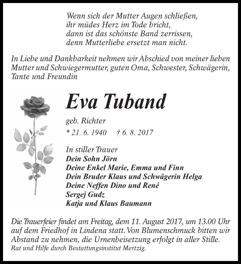  Traueranzeige für Eva Tuband vom 08.08.2017 aus lausitzer_rundschau