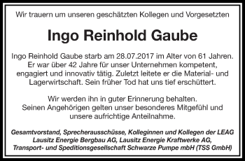 Traueranzeige von Ingo Reinhold Gaube von lausitzer_rundschau