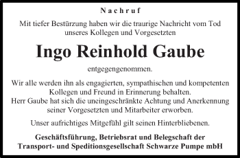 Traueranzeige von Ingo Reinhold Gaube von lausitzer_rundschau