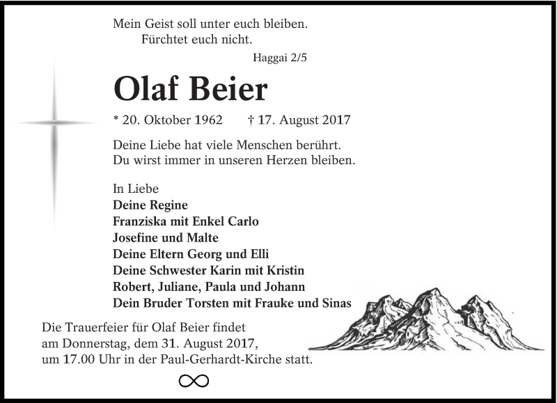  Traueranzeige für Olaf Beier vom 26.08.2017 aus lausitzer_rundschau